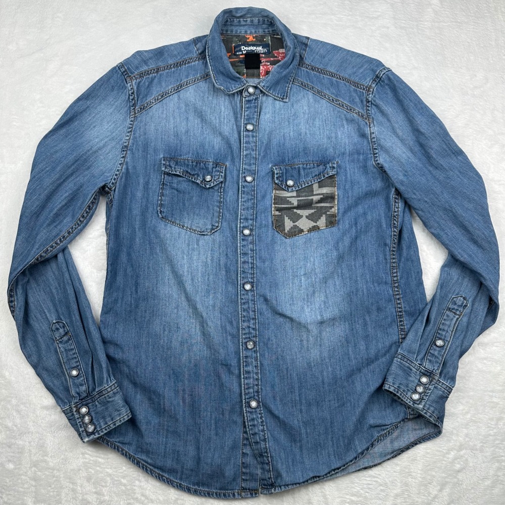 Desigual Man Denim Shirt Medium Blue Southwestern Embroidery Snap Button Aztec